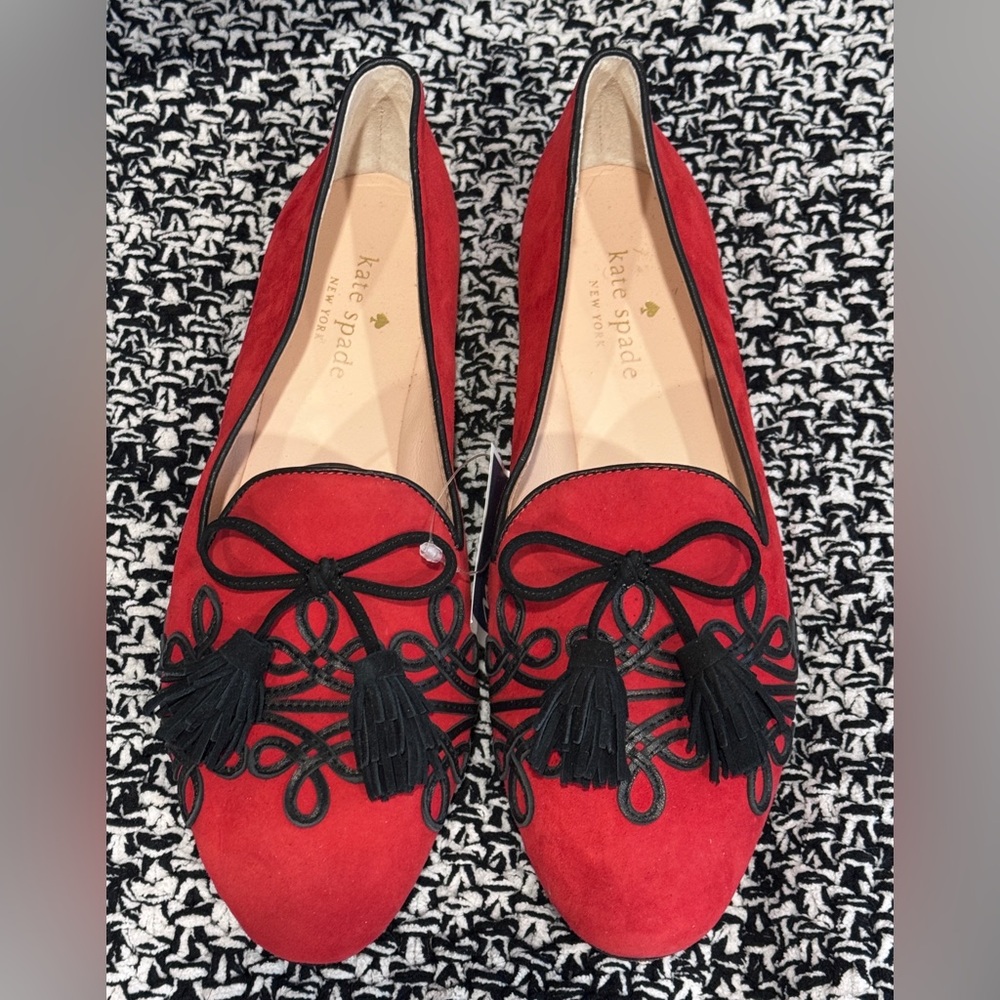 Kate Spade Shirley Red Suede Leather Smoking Flats Loafers Black Tassel Womens 7